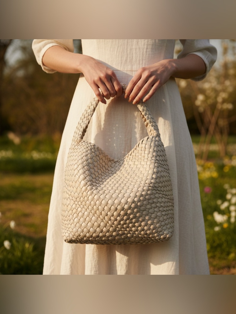Neutral Woven Hobo Bag with Braided Handle